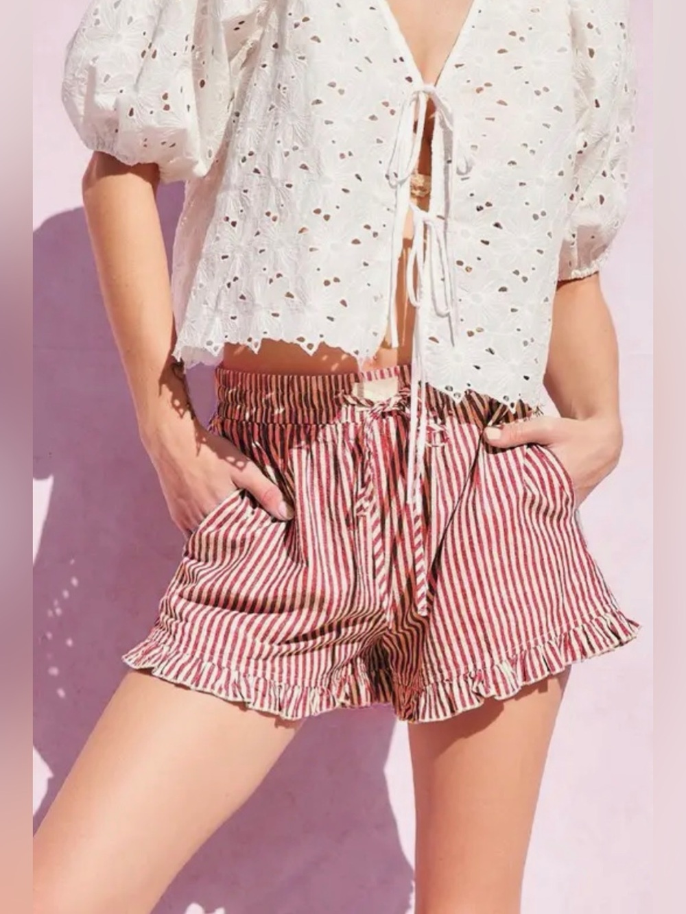 Red Striped Cotton Shorts